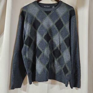 Cotton Reel Mens Merino Wool Blend Argyle Sweater‎ Grey Black Medium CA17821